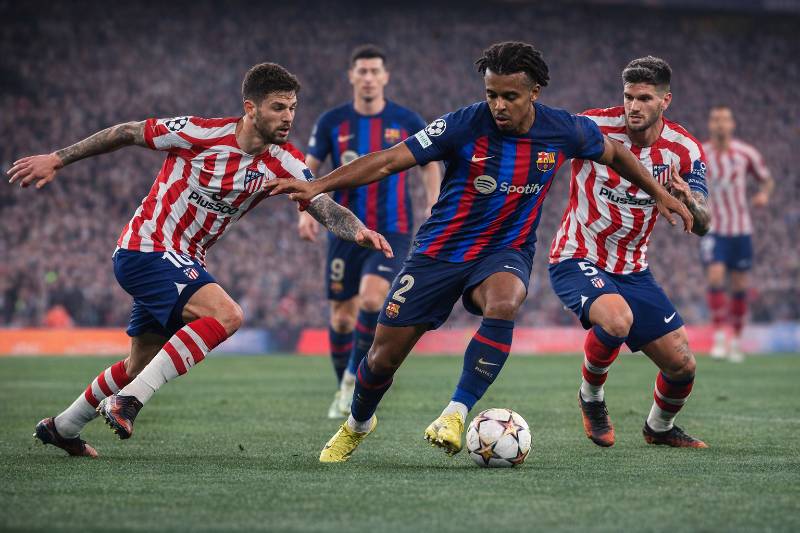 Spielszene aus einem realistisch wirkenden Match zwischen FC Barcelona und Atlético Madrid im Stadion